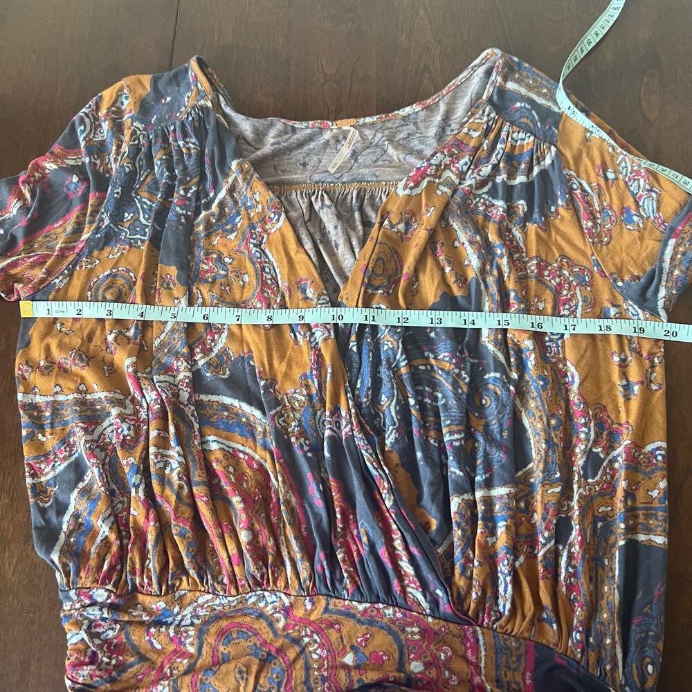 Free People Boho Faux Wrap Tie Waist Bell Sleeve Top In Golden Combo Size M - Picture 11 of 12
